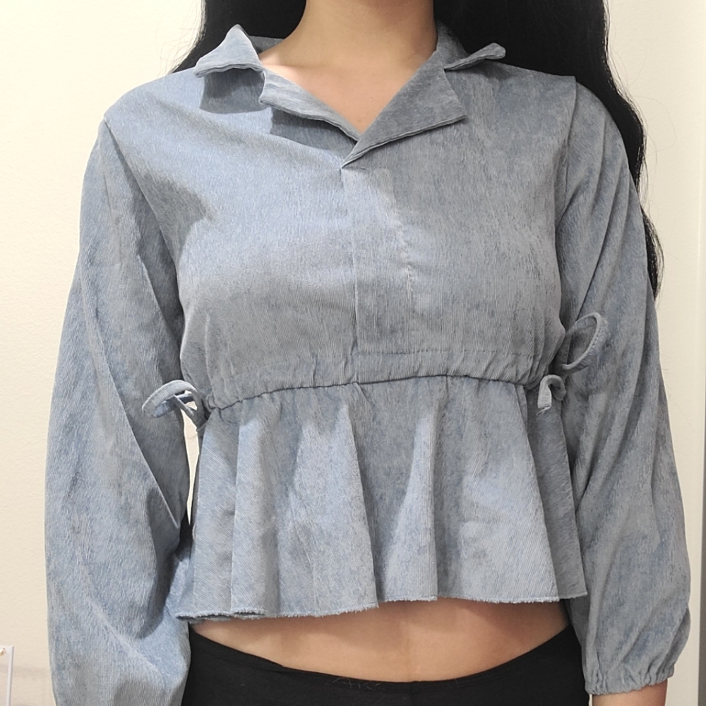 Blue Long Sleeved Cinched Crop Top from Korea